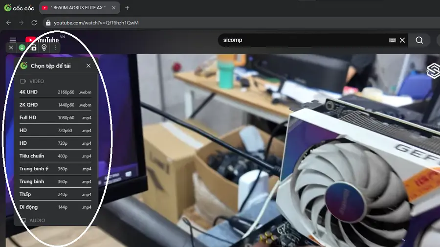 Chọn định dạng tải video hoặc mp3 trên Cốc Cốc